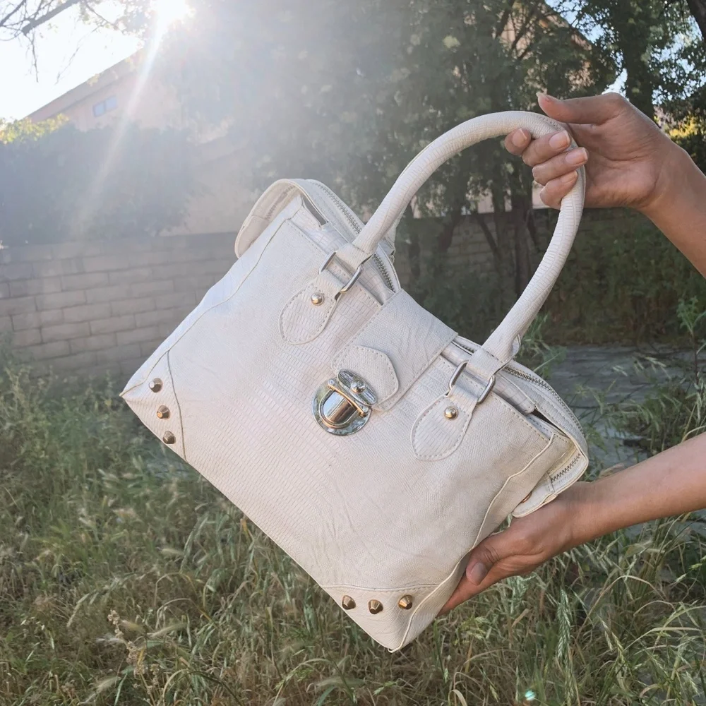 Structured White Satchel with Gold-Tone Accents - Women Bags